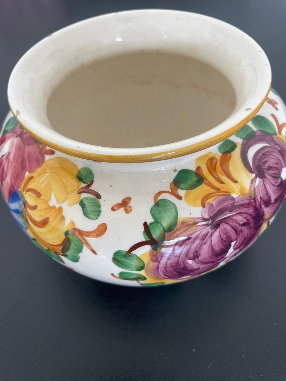 Hand-Painted Floral Ceramic Vase in White, Yellow & Purple